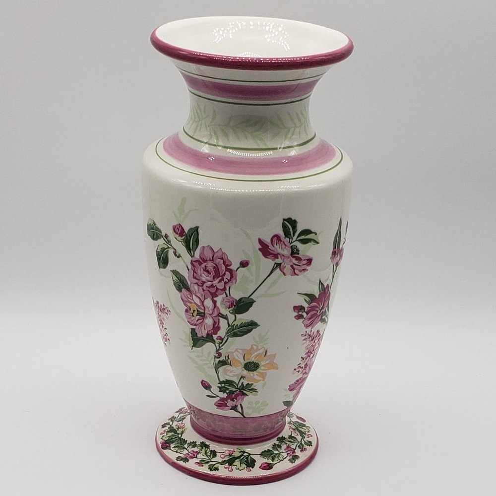 Laura Ashley Home Vintage FTD Ceramic Pink Florals & Greenery Fluted Vase
